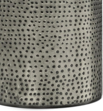 SIMPLIHOME Corbin 16 inch Wide Metal Side Table in Hammered Antique Silver, Round Drum Design End Table for Living Room, Family Room, or Entryway, Industrial Style, Assembled