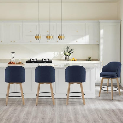 Counter Height Barstools 26 inch Upholstered Swivel Bar Stools with Back and Wood Legs for Kitchen Island,Set of 2,Blue Fabric