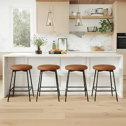 Swivel Bar Stools Set of 6, 24" Counter Height Bar Stool, Backless Barstools with Faux Leather Upholstered Seat&Sturdy Wood Legs for Kitchen Island, Brown