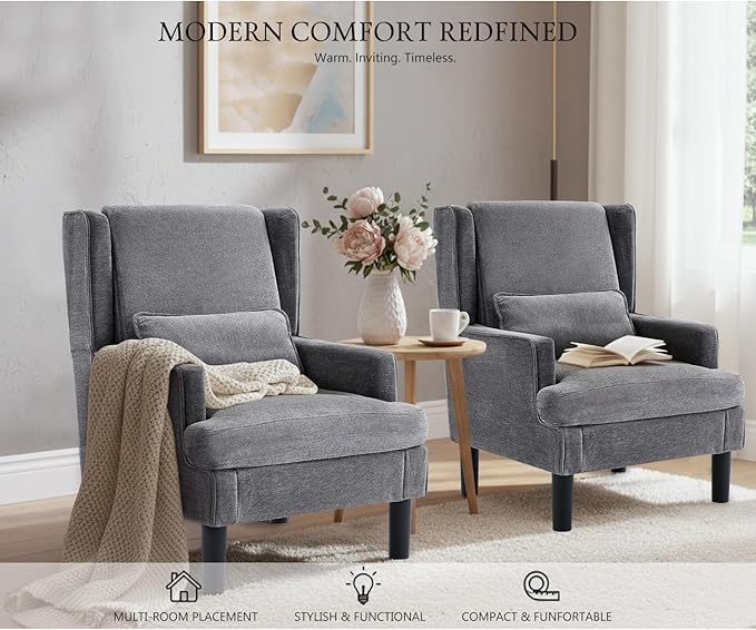 Modern Accent Chair for Living Room Chairs Upholstered Oversized Reading Chair Accent Chairs Set of 2 Living Room Chair Arm Chair with High Back and Wood Legs,Armchair Comfy Chair for Bedroom(Grey)