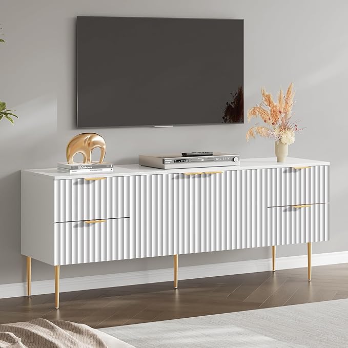 SICOTAS TV Stand for 55/60/65/70 Inch TV - 62 Inch TV Stands for Living Room Entertainment Center with 4 Drawers, Fluted Modern TV Media Console Television Cabinet for Bedroom (White,1 Piece)