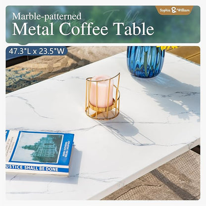 Sophia & William Patio Furniture Sets 6 Pcs Outdoor Conversation Set for 7,2 x Cushioned Swivel Sofa Chairs,1 x 3-Seat Sofa,2 Ottomans, Marbling Metal Coffee Table Backyard Poolside Peacock Blue