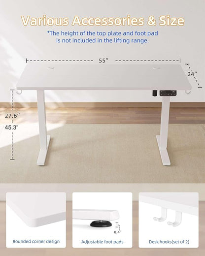 YIHAYO Electric Standing Desk, 55 x 24 Inches Stand Up Desk with Splice Board, Adjustable Height Desk, Computer Desk for Home Office, White Frame/White Top