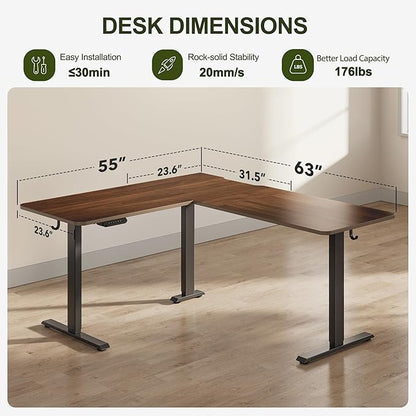 BANTI L-Shaped Standing Desk - 63 x 55 Inch Adjustable Corner Standing Desk with Charging Station - L Shape Sit Stand Table with Memory Controller, Splice Board for Home Office