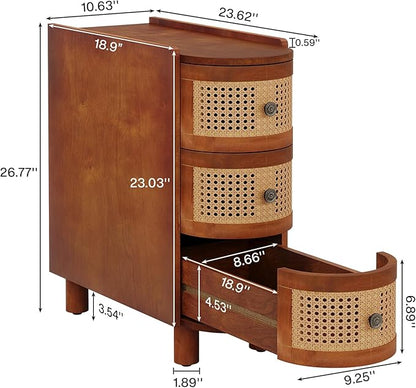 Tribesigns Solid Wood End Table, 3-Drawer Rattan Side Table, Night Stand with 3 Rattan Drawers and Exquisite Embossed Handles for Living Room, No Assembly Required (Walnut & Oak, 1PC)