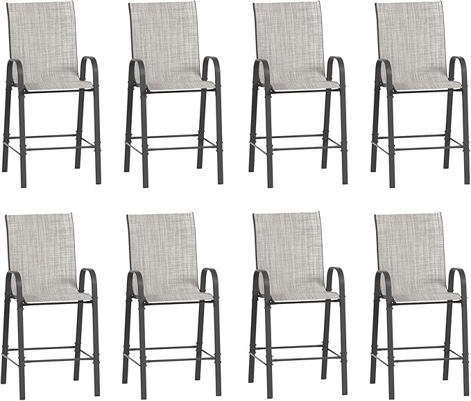 Amopatio Outdoor Stools Set of 8, Comfortable High Back Patio Chairs, All-Weather Textile Patio Bar Stools, Sturdy for Backyard, Porch, Balcony, Light Grey