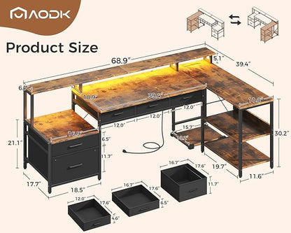 AODK L Shaped Desk with 5 File Drawers, 66" Reversible L Shaped Computer Desk with Power Outlet & LED Strip, Office Desk with Storage Shelves, Gaming Table with Monitor Shelf, Corner Table, Vintage