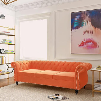 Chesterfield 3 Seater Sofa, Modern Velvet Tufted Couch 3 Seater with Rolled Arms and Nailhead Mid-Century Upholstered Couch for Living Room, Bedroom, Apartment and Office, Orange