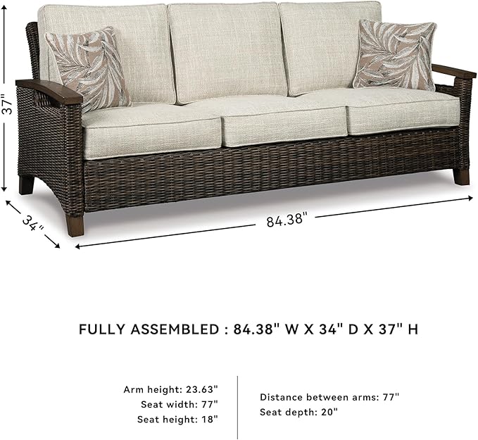 Signature Design by Ashley Paradise Trail Outdoor Patio Sofa with Cushion and 2 Throw Pillows, Cleanable Performance Fabric, Resin Wicker, Brown & Beige