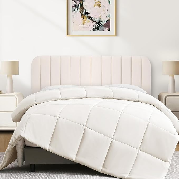 Upholstered Headboard - Striped Interval - Adjustable Height - Metal Legs - Bed Frame (Beige, King (U.S. Standard))