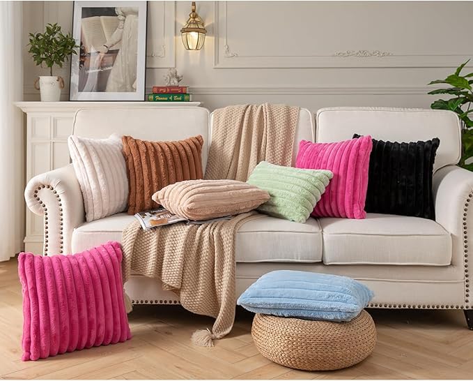 DEELAND Pack of 2,Double-Sided Faux Fur Plush Decorative Throw Pillow Covers Fuzzy Striped Soft Pillowcase Cushion Covers for Sofa Couch Bedroom Black 24x24 inch