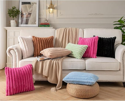 DEELAND Pack of 2,Double-Sided Faux Fur Plush Decorative Throw Pillow Covers Fuzzy Striped Soft Pillowcase Cushion Covers for Sofa Couch Bedroom Black 18x18 inch