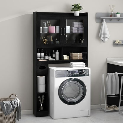 Over-The-Toilet Storage Cabinet, Farmhouse Style with 2 Acrylic Waves Doors, Space-Saving Home Storage Rack for Restroom, Bathroom and Laundry Room.Black.
