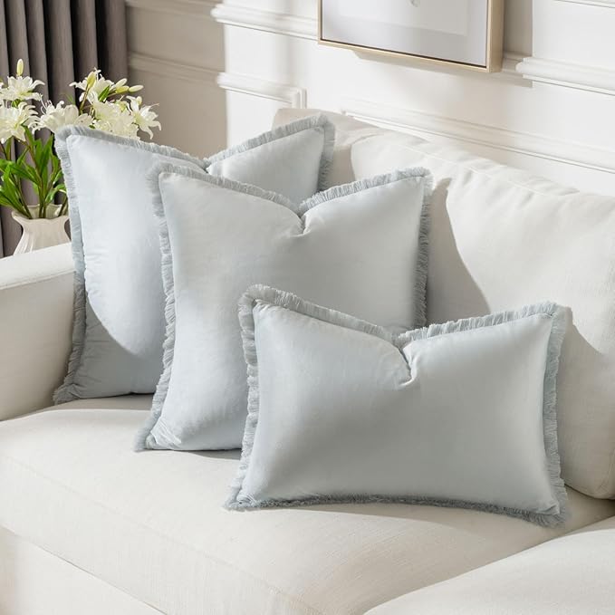 FUTEI Light Blue Velvet Decorative Throw Pillow Covers 18x18 Set of 2,Soft Cozy Edge with Tassels Cushion Case,Boho Modern Home Decor for Couch Bed Living Room