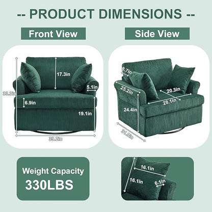 Karl home Swivel Accent Chair Set of 2, 39" Oversized Armchair W/2 Pillows and 4 Pockets,Modern Corduroy Barrel Chairs,Comfy Single Sofa for Living Room,Reading,Bedroom and Office-Dark Green
