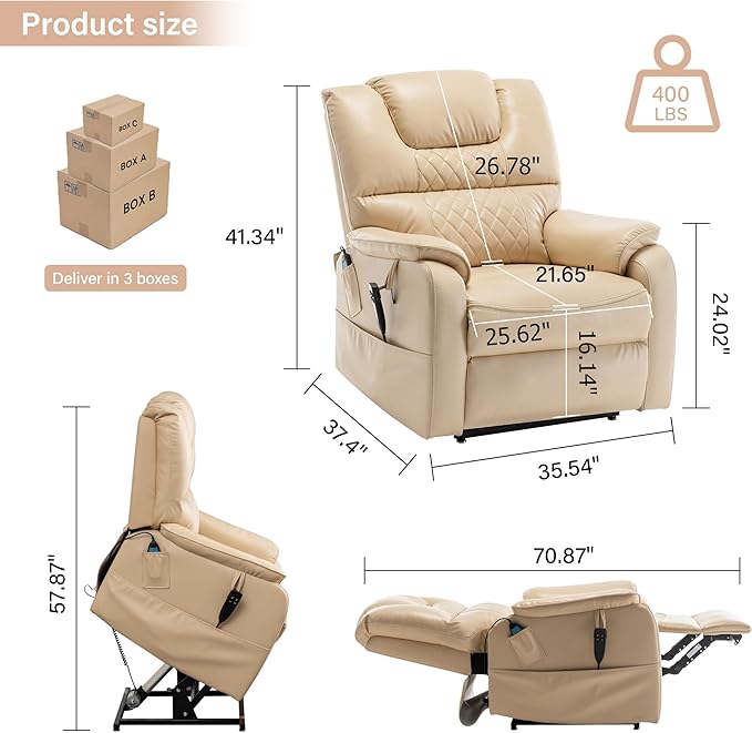 Power Lift Recliner Chair Recliners for Elderly,Lay Flat Air Leather Recliner with Heat and Massage,Dual Motor Lounge Recliners for Living Room
