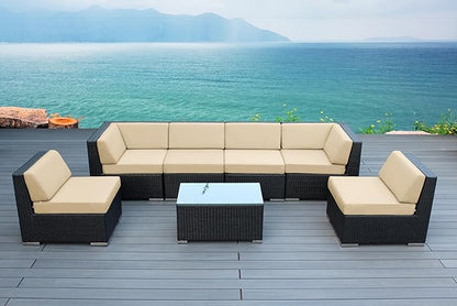 7-Piece Black Wicker Outdoor Patio Sectional Set - No Assembly (Supercrylic Beige)