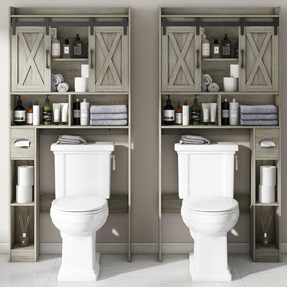 Vabches Over The Toilet Storage Cabinet, Farmhouse Storage Cabinet Over Toilet with Sliding Door& Toilet Paper Holder Stand，Home Space-Saving Toilet Rack, for Bathroom, Restroom, Laundry
