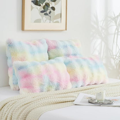 FUTEI Rainbow Decorative Throw Pillow Covers 24x24 Inch Set of 2,Soft Fuzzy Faux Rabbit Fur European Cushion Covers with Raised Texture,Neutral Boho Home Decor for Couch Bed Living Room