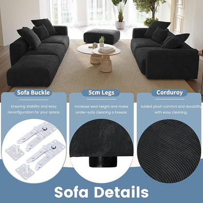 Oversized Modular Sectional Sofa with Ottomans,8 Seater Corduroy V Shaped Reversible Corner Couch,181.73" Convertible Sofa & Couch Free Combination for Living Rooom,Black