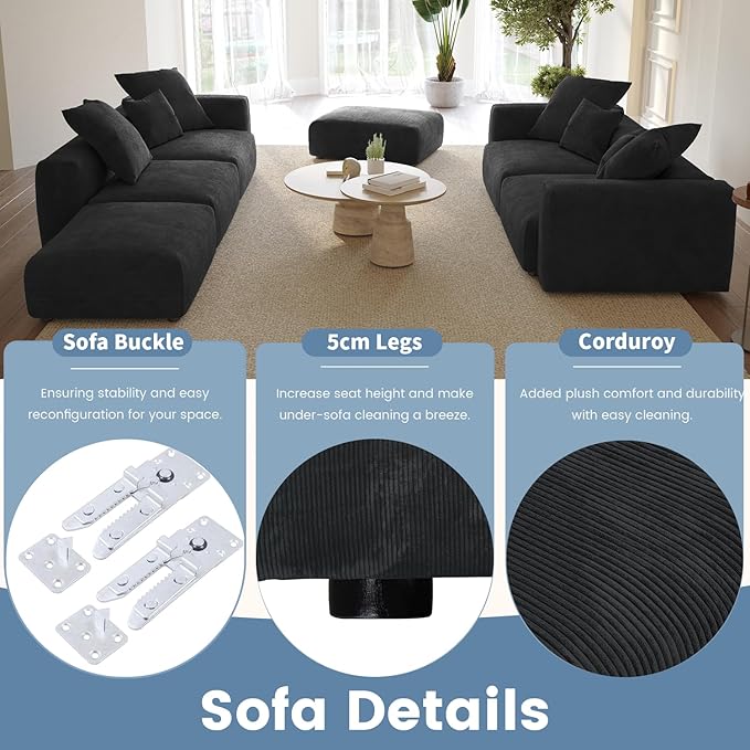 WJShome Cloud Couch Modular Sectional Sofa,102inch Corduroy Couch 2 Seater LoveSofa,Black Convertible Sectional Sofa for Living Room, Cushion Covers Removable& Washable