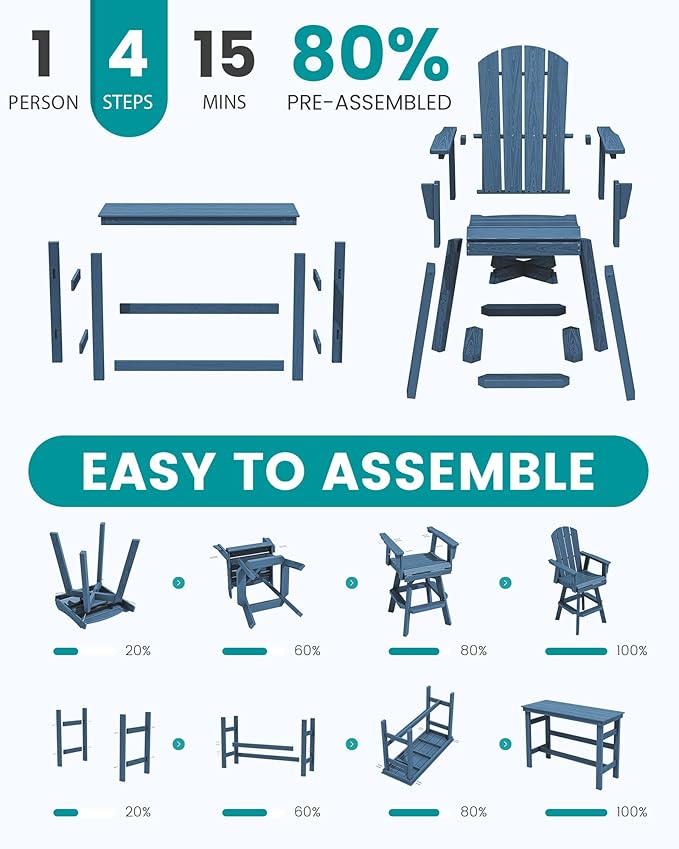 SERWALL 5-Piece Swivel Adirondack Bar Set, HDPE Swivel Bar Height Chairs Set of 4 with Bar Table, All-Weather Outdoor Barstools for Patio, Poolside, Garden, Blue