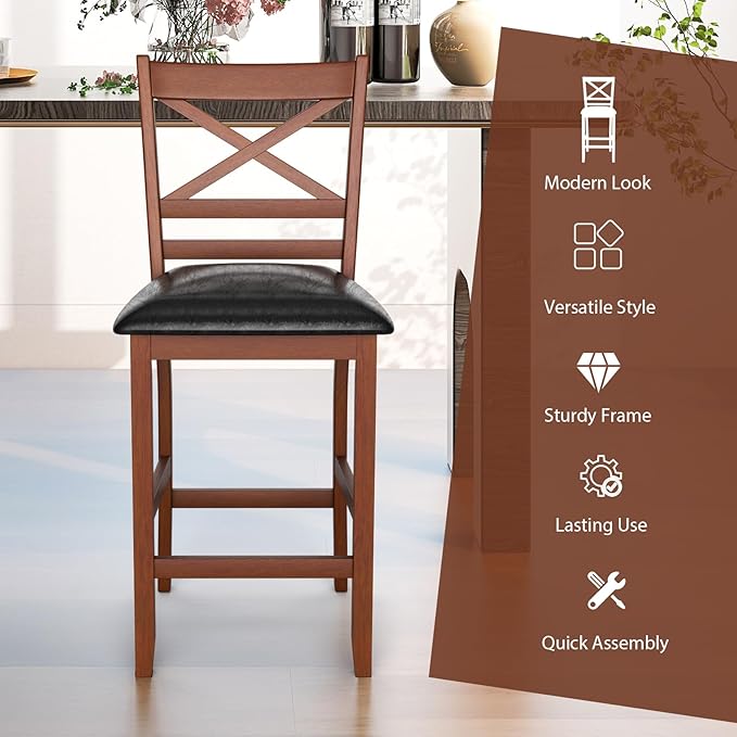 COSTWAY Barstools Set of 4, 25” Counter Height Mid Century Modern Island Chairs with Back, Soft Cushion & Faux Leather Seat, Wooden Armless Kitchen Stools for Home, Cafe Shop, Restaurant, Pub