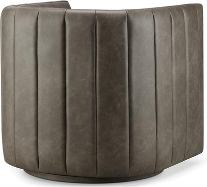 CHERS Rivet Mid-Century Modern Swivel Armchair, Channel-Tufted Faux Leather Accent Chair, 360-Degree Rotating Lounge Chair with Ergonomic Design for Living Room, Bedroom, Home Theater, Pewter