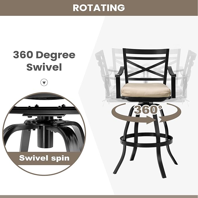 Pellebant 30" Sunbrella Outdoor Bar Stools Set of 6, Aluminum Swivel Patio Bar Height Bar Stools with Back & Footrest, for Deck Lawn Garden(Canvas Antique Beige)
