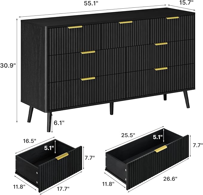 LYNSOM Fluted Dresser and Nightstand Sets 2 Piece, 2-Drawer Nightstands and 7-Drawers Dresser, Wood Bedroom Furniture Set for Home, Bedroom, Hallway, Black