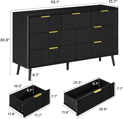 LYNSOM Fluted Dresser and Nightstand Set, 3 Pieces Bedroom Set, 55 Inch Wide 7-Drawer Dresser & 2-Drawer Nightstands Set of 2, Modern Dressers Set for Bedroom, Hallway, Black