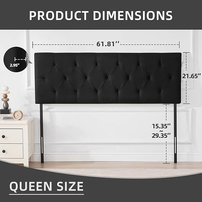 Linen Fabric Upholstered Headboard Queen Size, Modern Diamond Tufting Solid Wood Queen Headboard Only, Adjustable Height from 37” to 51” Head Board, Bed Frame or Wall Mount Headboards, Black