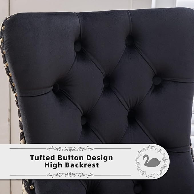 Velvet Upholstered Dining Chairs Set of 6, Modern Style Kitchen Side Chairs with Nailhead Trim and Wood Legs,Metal Pulling Ring for Dining Room Living Room(Quadrangular Star&Black)