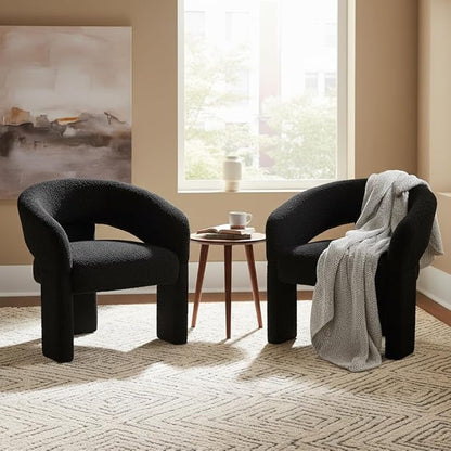 LukeAlon Mid Century Modern Sherpa Accent Chairs Set of 2 – Round Barrel Back Armchairs, Comfy Upholstered Lounge Chairs for Living Room, Bedroom, Office, Waiting Rooms, Black