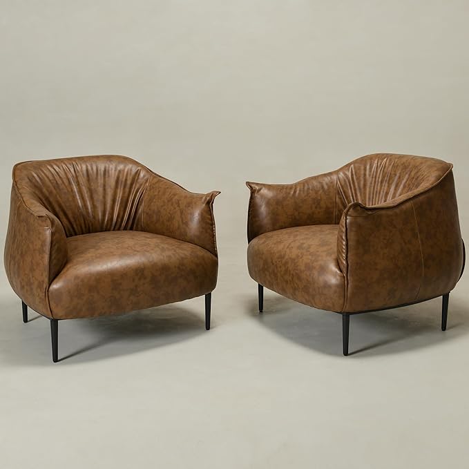 KINWELL 33" W Faux Leather Barrel Chairs Set of 2 with Hand-Tufted Pleated Back Flared Arms, Modern PU Upholstered Accent Chairs with Metal Legs, Large Armchairs Lounge Chairs for Living Room, Coffee