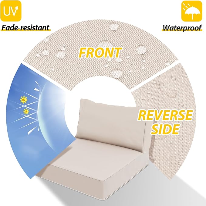 AAAAAcessories Outdoor Deep Seat Cushions, Waterproof, Fade-Resistant Patio Furniture Replacement Cushions, 25.5" x 25.5" x 5" + 25.5" x 13.5", Khaki Beige