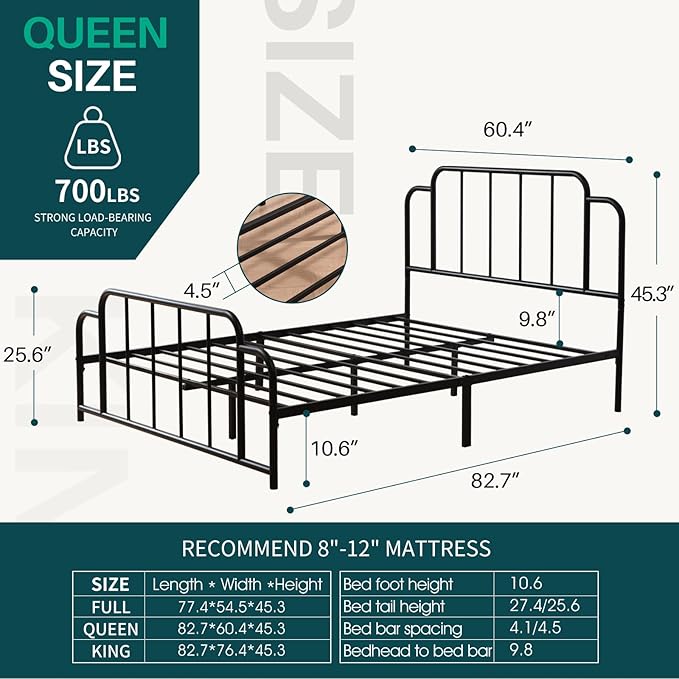 PINJU Metal Platform Bed Frame with Headboard and Footboard, Classic Style, Sturdy Metal Slats, No Box Spring Needed, Easy Installation (Black, Queen)