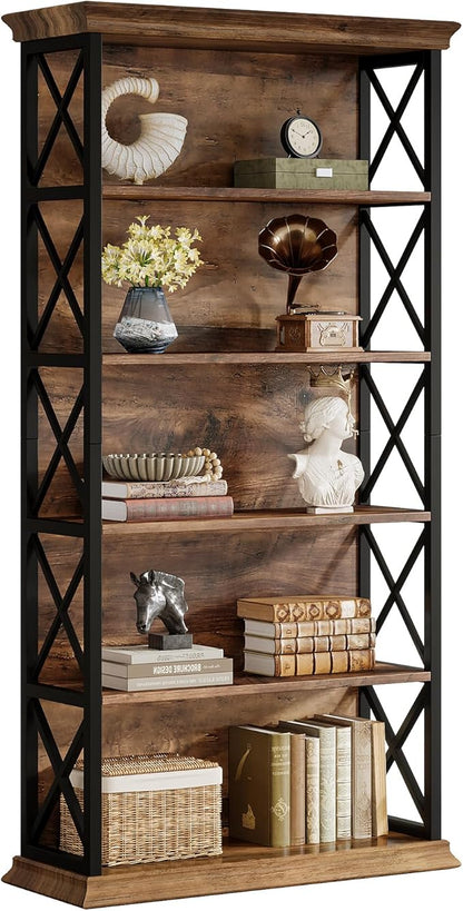Tribesigns 71-Inch Tall Bookcase, 5-Tier Industrial Metal Bookshelf, Large Etagere Bookcases and Bookshelves, Freestanding Display Shelves for Living Room, Bedroom, Rustic Brown and Black