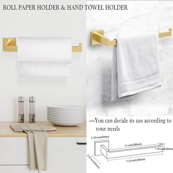 BOZWELL 5 Piece Light Brushed Gold Stainless Steel Towel Bar Set, 23.6 inch Square Bathroom Hardware Accessories Set,Wall Mounted Towel Racks for Bathroom with TP