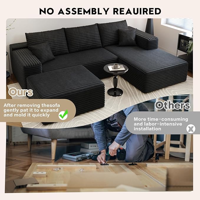 107.5" Cloud Sectional Couch with 1 Ottoman,Modern Modular Sofa with Deep Seat, Comfort U Shaped Sofa Couches for Living Room Bedroom Apartments,No Assembly Required, (Black,Right Facing Chaise)