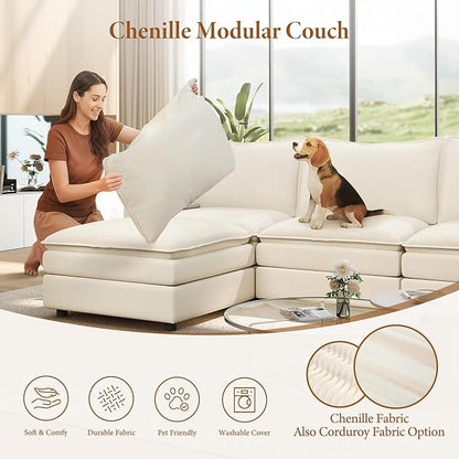 Vesgantti 108" U Shaped Sectional Couch, Comfy Cloud Modular Sectional Sofa with 2 Ottoman Deep Seat Chenille Modern Cloud Sofa, Modular Sofas for Living Room, Bedroom and Apartment, Creamy Beige