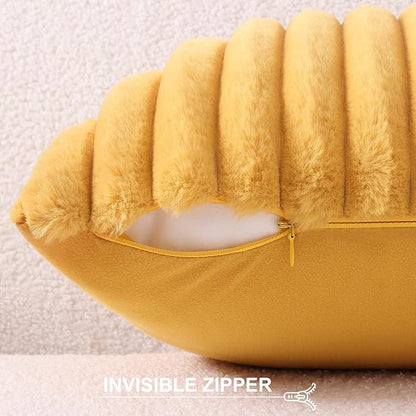 Pallene Faux Fur Plush Throw Pillow Covers 20x20 Set of 2, Luxury Soft Fluffy Striped Decorative Pillow Covers for Sofa, Couch, Living Room, Mustard Yellow
