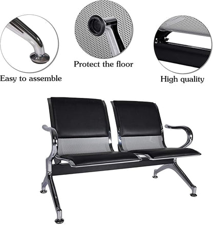 Kinsuite 2-Seat Waiting Room Bench - PU Leather Waiting Room Chairs with Arms & Non-Slip Foot Mats, Reception Chairs Guest Chair for Office Airport Bank Salon, Black