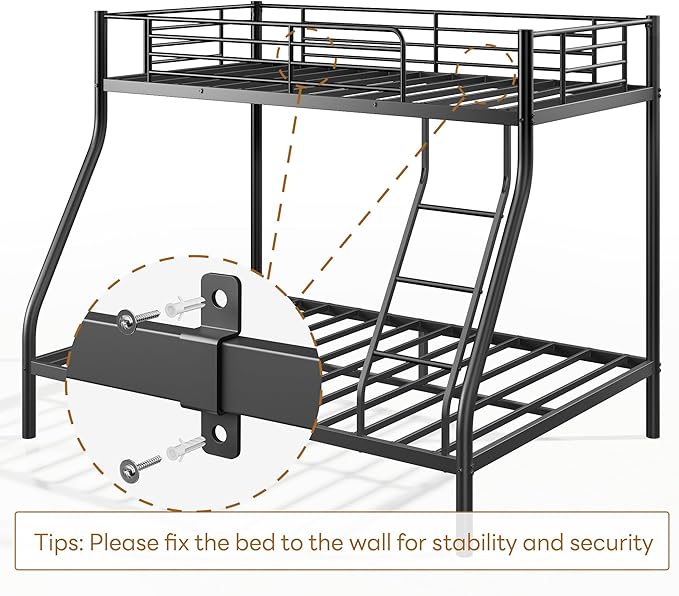 Twin Over Full Bunk Bed for Adults with Stairs, Metal Bunk Beds Twin Over Full Size for Teens Dorm Bedroom Guest Room,Heavy Duty Bunk Beds with Ladder and Guardrail, No Box Spring Needed,Black