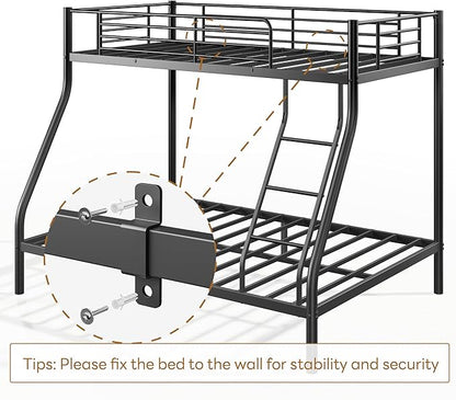 Twin Over Full Bunk Bed for Adults with Stairs, Metal Bunk Beds Twin Over Full Size for Teens Dorm Bedroom Guest Room,Heavy Duty Bunk Beds with Ladder and Guardrail, No Box Spring Needed,Black