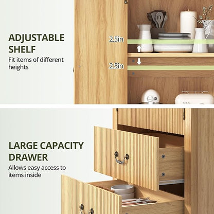 FURSUN 71" Tall Fluted Arched Bookshelf with Doors, Wood Pantry Storage Cabinet with 2 Large Drawers, Modern Versatile Bookcase for Living Room, Kitchen, Dining, Natural Oak