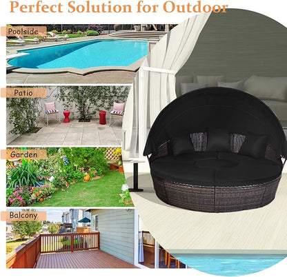 COSTWAY Patio Round Daybed with Retractable Canopy, Wicker Furniture Sectional Couch with Separate Cushioned Seats, Adjustable Table Top, Patio Rattan Daybed Sofa for Backyard, Poolside, Black