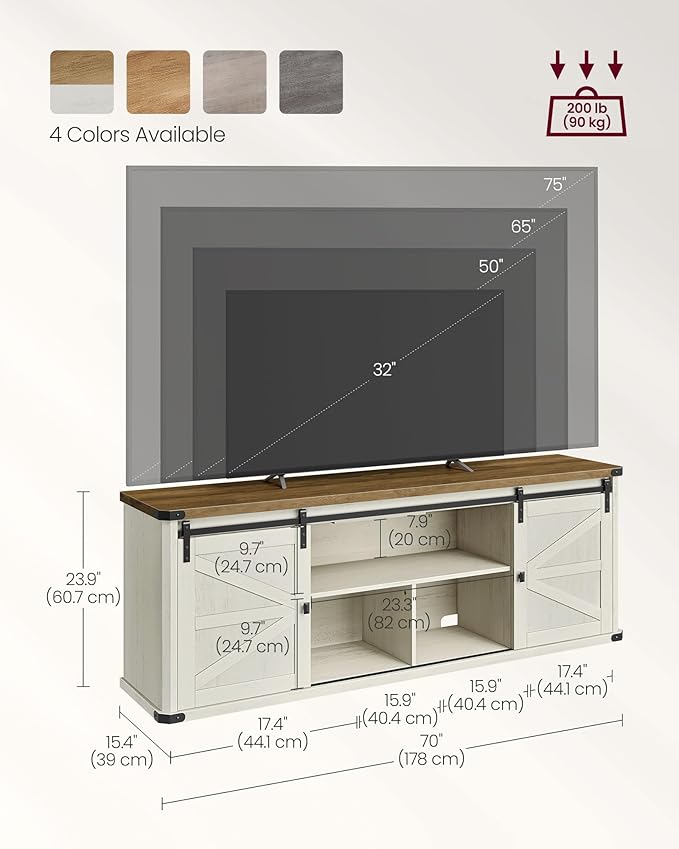 VASAGLE TV Stand for TVs up to 75 Inches, Farmhouse Entertainment Center with Sliding Barn Doors, TV Console Table for Living Room, Rustic White and Honey Brown ULTV325W73