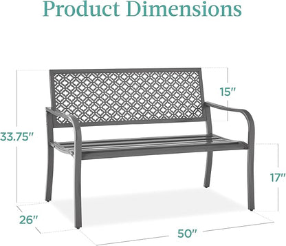 Best Choice Products Outdoor Bench 2-Person Metal Steel Benches Furniture for Garden, Patio, Porch, Entryway w/Geometric Backrest, 790lb Capacity – Gray