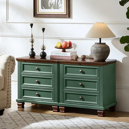 Farmhouse Nightstand with 3 Drawers, Rustic Couch End Table with 4 Square Solid Wood Legs, Mid-Century Vintage Bed Side Table with Storage, Small Dresser for Bedroom, Living Room, Green